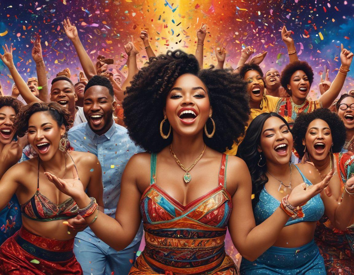 A vibrant collage showcasing diverse dark-skinned individuals in a celebratory atmosphere, symbolizing empowerment and body positivity in the adult entertainment industry. Include elements like colorful confetti, empowering slogans, and an array of cultural representations. The background should be lively and energetic, reflecting a sense of community and acceptance. super-realistic. vibrant colors. dynamic composition.