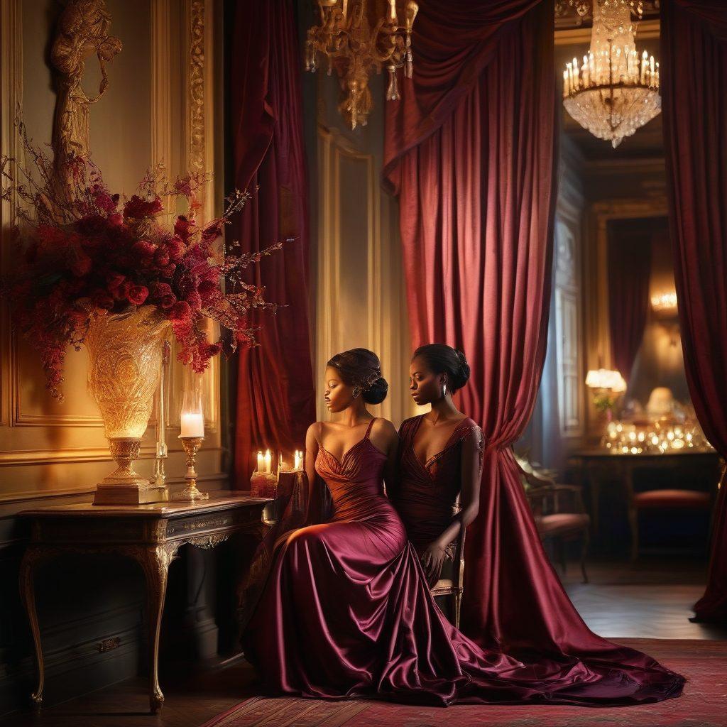 A captivating scene featuring a beautifully lit intimate setting with silhouettes of diverse dark-skinned figures in various poses of allure and sensuality. The background should be rich with deep, warm colors and soft textures that evoke a sense of mystery and seduction. Include luxurious fabrics like silk and velvet, and subtle hints of sophisticated decor. Enhance with glimmering lights and shadows to create a dreamlike ambiance. super-realistic. warm color palette. intimate atmosphere.